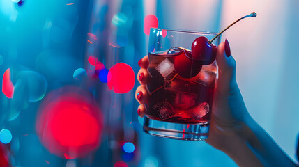 Women hand holding glass with drunk cherry cocktail over blue pop art background Copy space for ad Concept of party relax alcohol : Generative AI