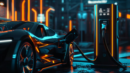 A close-up of an electric car against the background of a charging station illustrates the prospects for the use of electric vehicles in the future and their contribution to the fight against climate  - obrazy, fototapety, plakaty