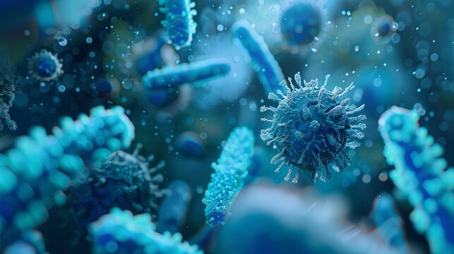 Microscopic blue bacteria. Close up blue bacteria background