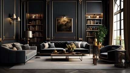 Luxurious Gold and Black Living Room:  an opulent living room with gold-accented black walls, plush black furniture, and golden decorative elements, exuding elegance and sophistication