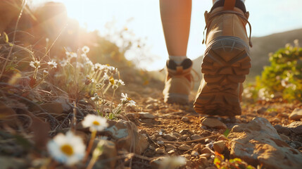 Hiker walks on mountain trail with sunlight - obrazy, fototapety, plakaty
