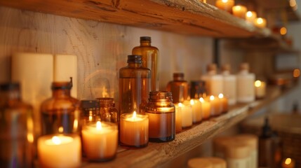 A detail shot of a corner of the massage room showcasing a shelf lined with various essential oils and candles of different sizes and shapes. The warm glow of the candles creates a . - obrazy, fototapety, plakaty