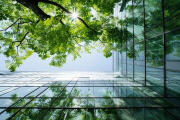 Modern building with forest reflected in windows and facade. Sustainable, green energy city, low-energy concept.. Beautiful simple AI generated image in 4K, unique.