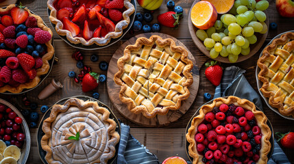 Top view assortment of pies, pastry with different fruits and berries on wooden table in a bakery