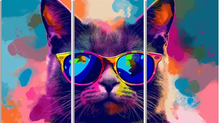 Foto auf Glas 3 panel wall art, Wow pop art cat face. Cat with colorful glasses pop art background. Pop art poster usable for interior design. © Furkan