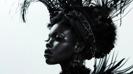 This portrait captures the essence of monochromatic shock in a breathtaking way. A black woman adorned in an elaborate avantgarde ensemble stands in front of a stark white background. .