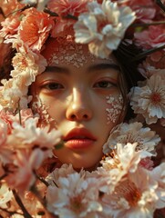 Fashion portrait of young beautiful Asian woman with flowers in hair.