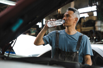 The car mechanic technician is getting exhausted and thirsty, drinking water while checking the...