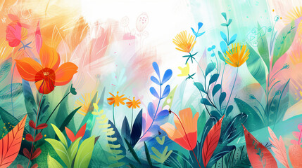 A colorful painting of a field of flowers with a blue sky in the background. The painting is full of life and energy, with bright colors and a sense of movement