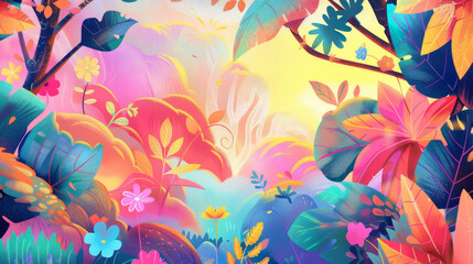 A colorful jungle scene with many different types of flowers and plants. Scene is bright and cheerful, with the vibrant colors of the flowers and foliage creating a sense of energy and life