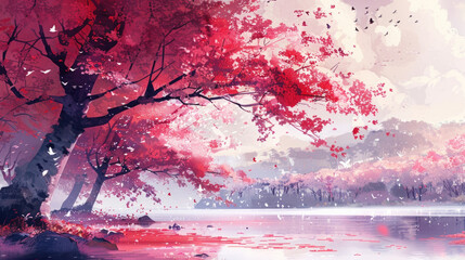A painting featuring a vibrant red tree standing next to a body of water, capturing the beautiful contrast between the trees color and the serene water