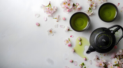 Obraz na płótnie Canvas Green Tea and Cherry Blossom on white table top view copy space Japanese cast iron teapot and cups asian green tea composition with sakura bloom and petals : Generative AI