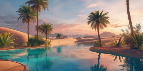 A serene oasis pool flanked by palm trees, reflecting twilight hues on a tranquil water surface with distant mountains