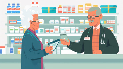 A man is engaged in conversation with a pharmacist at a pharmacy, discussing medications or health concerns