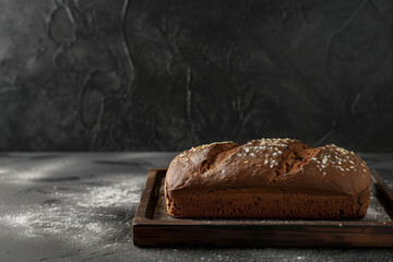 Freshly baked dark bread on a wooden tray over dark background - obrazy, fototapety, plakaty