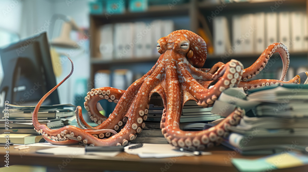 Poster an octopus perched on top of a stack of books, tentacles splayed out around it in a study setting
