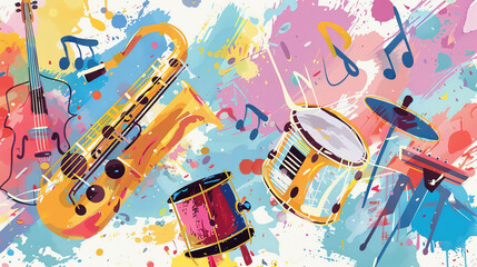 A colorful painting of musical instruments including a saxophone, a drum, and a tambourine - obrazy, fototapety, plakaty