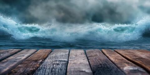 A serene view from a weathered wooden pier overlooking an impending storm with raging sea waves and dark clouds in the sky - obrazy, fototapety, plakaty