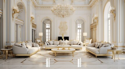 Opulent Gold and Marble Living Room:  a lavish living room with gold-accented marble walls, plush white furniture, and crystal chandeliers, exuding opulence and grandeur