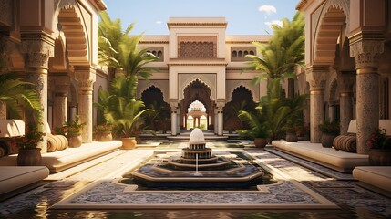 Palatial Moroccan Courtyard: Plan a breathtaking courtyard with mosaic tiles, arched doorways, and ornate fountains, capturing the essence of a luxurious Moroccan palace