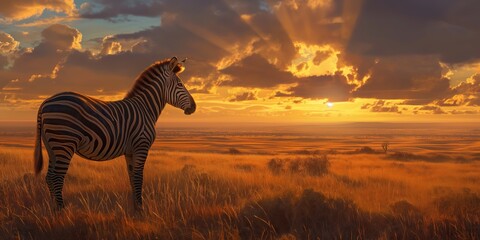 With a sunset backdrop, the image captures a lone zebra standing tall amidst the sprawling, golden savannah - obrazy, fototapety, plakaty