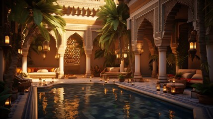 Palatial Moroccan Riad:  a palatial riad with mosaic-tiled courtyards, ornate archways, and lush gardens, capturing the essence of Moroccan architecture and opulence - obrazy, fototapety, plakaty