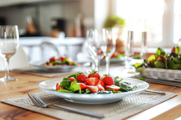 Beautiful table setting with strawberry spinach salad served on the plate - 787231813