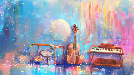 A painting of a group of musical instruments, including a guitar, a keyboard, and a drum. The instruments are surrounded by a blue sky and a moon, creating a serene and peaceful atmosphere