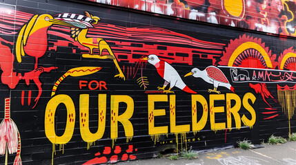 Street art graffiti wall Naidoc week quote FOR OUR ELDERS Australia Indigenous Aboriginal red...