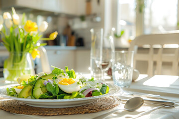 Beautiful table setting with spring Cobb salad with avocado, eggs,  croutons and lemon dressing - 787231892