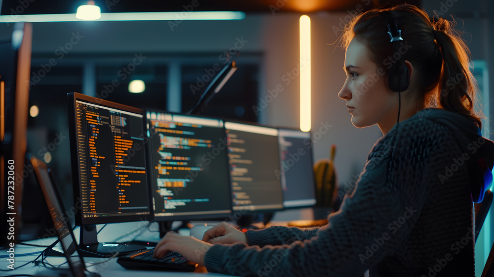 Poster Side view portrait of female IT developer typing on keyboard with black and orange programming code on computer screen and laptop in contemporary office interior copy space : Generative AI
