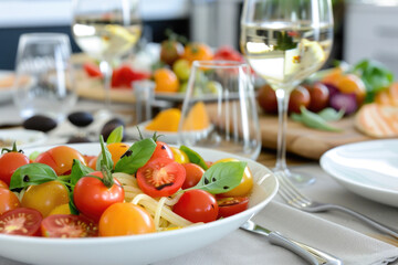 Beautiful table setting with bruschetta pasta salad, with cherry tomatoes, fresh basil and spicy balsamic vinegar - 787232027