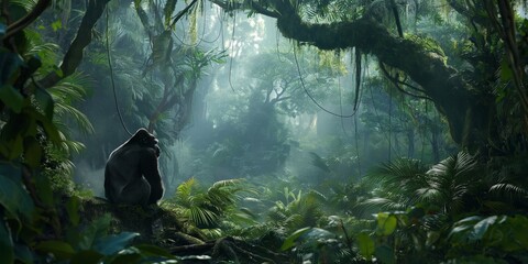 A contemplative monkey sits alone amidst the dense and lush green foliage of a tropical rainforest - obrazy, fototapety, plakaty