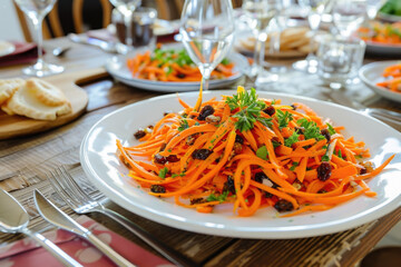 Beautiful table setting with Moroccan carrot salad with carrots and raisins - 787232070