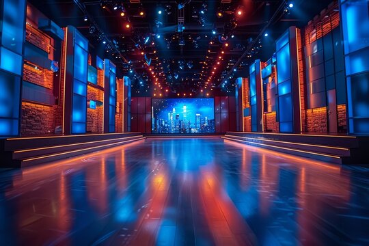 An empty television studio is lit by large illuminated panels and screens, suggesting a high-tech broadcast environment
