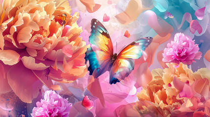 Experience the whimsical beauty of vivid butterflies fluttering amidst vibrant peony flowers,...