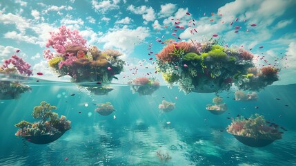 Dreamy Seascape: Floating Islands of Vibrant Marine Life Create a Magical Underwater World Above the Surface