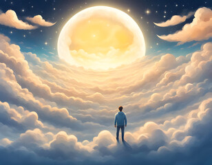 A man in the sky, above the clouds, looks at the full moon in the night sky