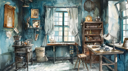 A painting depicting a room with a wooden desk and a chair arranged neatly. The desk holds papers and a pen, while the chair sits empty