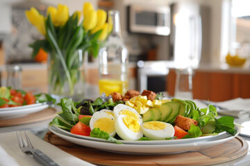 Beautiful table setting with spring Cobb salad with avocado, eggs,  croutons and lemon dressing - 787232489