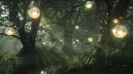 Obraz na płótnie Canvas An Enchanted Forest Alive with Mystical Orbs of Ethereal Light