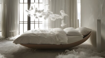 Floating Bed Surrounded by Feathers Creating a Haven of Tranquility and Rest