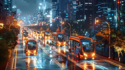 An illustration of a visionary transportation ecosystem with self-driving buses and adaptive traffic control solutions - obrazy, fototapety, plakaty