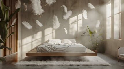 Floating Bed Surrounded by Feathers Creating a Haven of Tranquil Rest