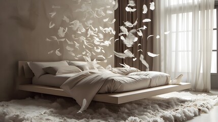 Floating Bed Oasis: A Serene Bedroom Filled with Drifting Feathers, a Haven of Tranquil Rest