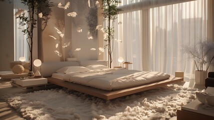 Floating Bed Surrounded by Feathers: A Haven of Tranquil Rest - obrazy, fototapety, plakaty