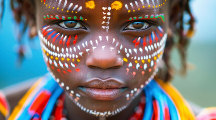 A young girl stands tall with a serene expression her face adorned with delicate and iridescent face paint in the style of her African heritage. The colorful patterns seem to dance .