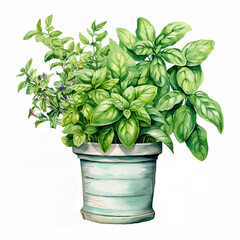 A cheerful illustration of potted herbs like basil and mint with Fresh and Flavorful lettering for a kitchenthemed greeting ,  watercolor art
