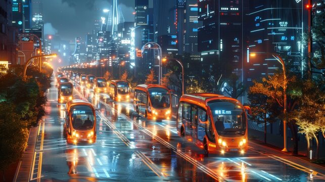 An illustration of a visionary transportation ecosystem with self-driving buses and adaptive traffic control solutions