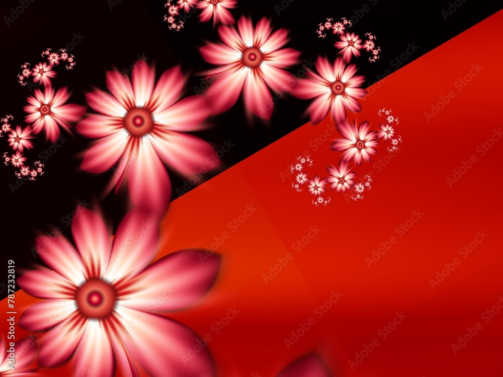 Poster fractal image with flowers. template with a place to insert text. red background fractal illustratio